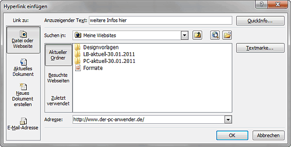 Excel 2010 - Dialogfeld Hyperlinks einfügen