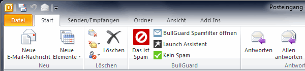 Abbildung: BullGuard-Add-In auf der Start-Registerkarte von outllok 2010