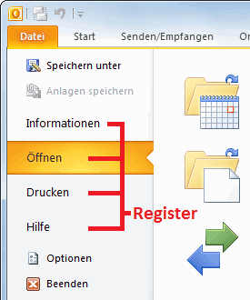 Abbildung: Register der Backstage-Ansicht von Outlook 2010