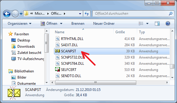 Abbildung: Reperaturprogramm SCANPST.exe von Outlook 2010
