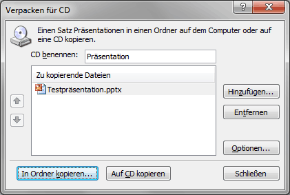 Abbildung - PowerPoint 2010, Dialogfeld verpacken für CD