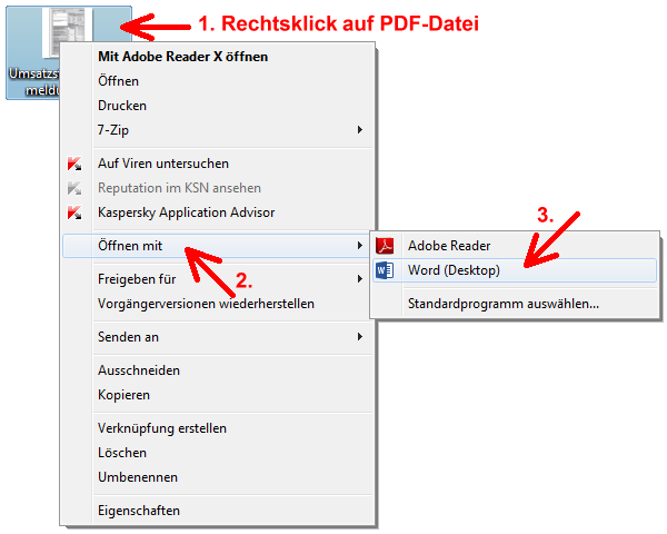Abbildung: Eine PDF-Datei unter Windows 7 mit MS-Word öffnen